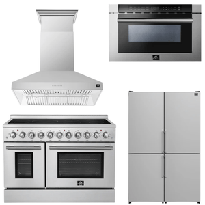 FORNO Appliance Package - 48" Electric Range, Range Hood, 48" Refrigerator and 24" Microwave Drawer