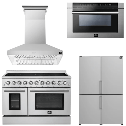 FORNO Appliance Package - 48" Electric Range, Range Hood, 48" Refrigerator and 24" Microwave Drawer