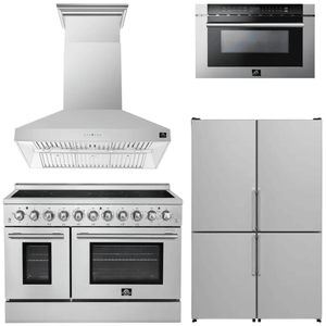 FORNO Appliance Package - 48" Electric Range, Range Hood, 48" Refrigerator and 24" Microwave Drawer