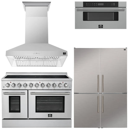 FORNO Appliance Package - 48" Electric Range, Range Hood, 48" Refrigerator and 30" Microwave Drawer
