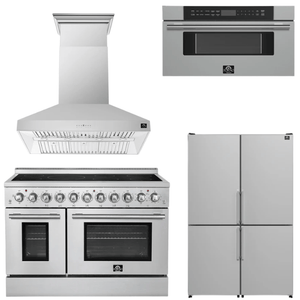 FORNO Appliance Package - 48" Electric Range, Range Hood, 48" Refrigerator and 30" Microwave Drawer