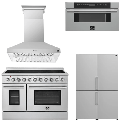 FORNO Appliance Package - 48" Electric Range, Range Hood, 48" Refrigerator and 30" Microwave Drawer