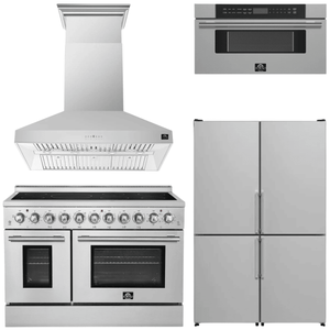 FORNO Appliance Package - 48" Electric Range, Range Hood, 48" Refrigerator and 30" Microwave Drawer