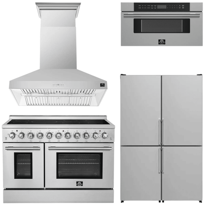 FORNO Appliance Package - 48" Electric Range, Range Hood, 48" Refrigerator and 30" Microwave Drawer