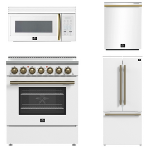 FORNO Paolo Package - 30" Electric Range, Over-The-Range Microwave, 30" Refrigerator with Ice Maker and Dishwasher in White with Antique Brass Accents, AP4-6011WHT-A10