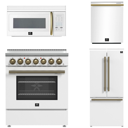 FORNO Paolo Package - 30" Electric Range, Over-The-Range Microwave, 30" Refrigerator with Ice Maker and Dishwasher in White with Antique Brass Accents, AP4-6011WHT-A10