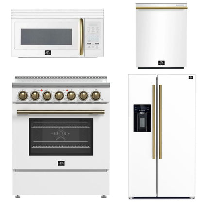 FORNO Paolo Package - 30" Electric Range, Over-The-Range Microwave, 36" Refrigerator with Water Dispenser/Ice Maker and Dishwasher in White with Antique Brass Accents, AP4-6011WHT-A11
