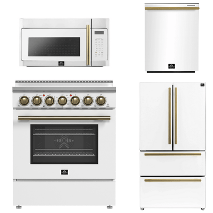 FORNO Paolo Package - 30" Electric Range, Over-The-Range Microwave, 36" Refrigerator with Ice Maker and Dishwasher in White with Antique Brass Accents, AP4-6011WHT-A12
