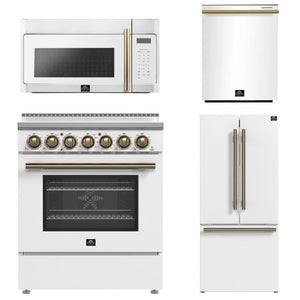 FORNO Paolo Package - 30" Electric Range, Over-The-Range Microwave, 30" Refrigerator with Ice Maker and Dishwasher in White with Antique Brass Accents, AP4-6011WHT-A13