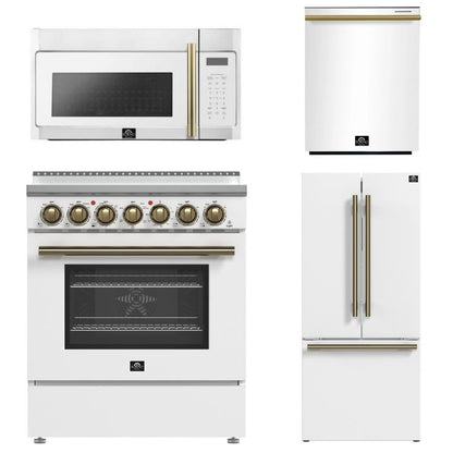 FORNO Paolo Package - 30" Electric Range, Over-The-Range Microwave, 30" Refrigerator with Ice Maker and Dishwasher in White with Antique Brass Accents, AP4-6011WHT-A13