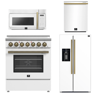 FORNO Paolo Package - 30" Electric Range, Over-The-Range Microwave, 36" Refrigerator with Water Dispenser/Ice Maker and Dishwasher in White with Antique Brass Accents, AP4-6011WHT-A14