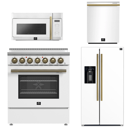 FORNO Paolo Package - 30" Electric Range, Over-The-Range Microwave, 36" Refrigerator with Water Dispenser/Ice Maker and Dishwasher in White with Antique Brass Accents, AP4-6011WHT-A14