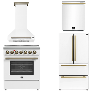 FORNO Paolo Package - 30" Electric Range, Wall Mount Range Hood, 36" Refrigerator with Ice Maker and Dishwasher in White with Antique Brass Accents, AP4-6011WHT-A15
