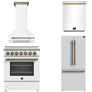 FORNO Paolo Package - 30" Electric Range, Wall Mount Range Hood, 30" Refrigerator and Dishwasher in White with Antique Brass Accents, AP4-6011WHT-A16