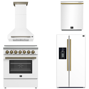FORNO Paolo Package - 30" Electric Range, Wall Mount Range Hood, 36" Refrigerator with Water and Ice Dispenser and Dishwasher in White with Antique Brass Accents, AP4-6011WHT-A17