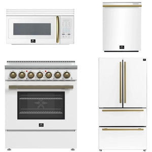 FORNO Paolo Package - 30" Electric Range, Over-The-Range Microwave, 36" Refrigerator with Ice Maker and Dishwasher in White with Antique Brass Accents, AP4-6011WHT-A9
