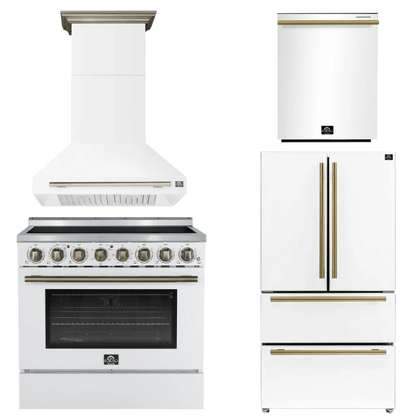 FORNO Appliance Package - 36" Electric Range, Range Hood, 36" Refrigerator, Dishwasher in White with Antique Brass Accents