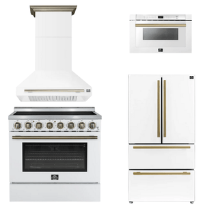 FORNO Appliance Package - 36" Electric Range, Range Hood, 36" Refrigerator, Microwave in White with Antique Brass Accents