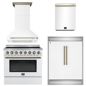 FORNO Appliance Package - 36" Electric Range, Range Hood, 60" Refrigerator, Dishwasher in White with Antique Brass Accents
