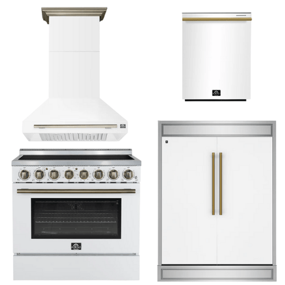 FORNO Appliance Package - 36" Electric Range, Range Hood, 60" Refrigerator, Dishwasher in White with Antique Brass Accents