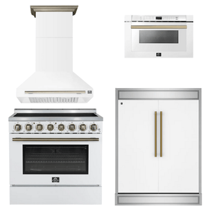 FORNO Appliance Package - 36" Electric Range, Range Hood, 60" Refrigerator, Microwave in White with Antique Brass Accents