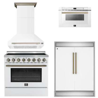 FORNO Appliance Package - 36" Electric Range, Range Hood, 60" Refrigerator, Microwave in White with Antique Brass Accents
