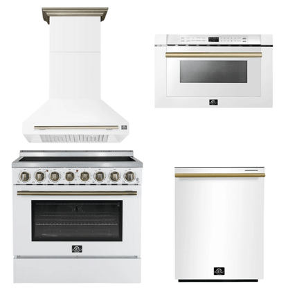 FORNO Appliance Package - 36" Electric Range, Range Hood, Dishwasher, Microwave in White with Antique Brass Accents