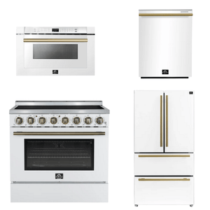 FORNO Appliance Package - 36" Electric Range, 36" Refrigerator, Dishwasher, Microwave in White with Antique Brass Accents