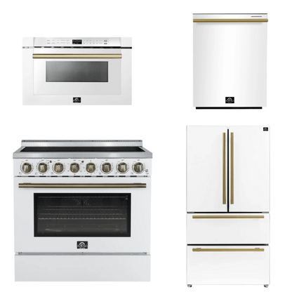 FORNO Appliance Package - 36" Electric Range, 36" Refrigerator, Dishwasher, Microwave in White with Antique Brass Accents