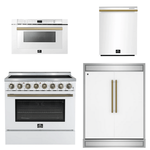 FORNO Appliance Package - 36" Electric Range, 60" Refrigerator, Dishwasher, Microwave in White with Antique Brass Accents