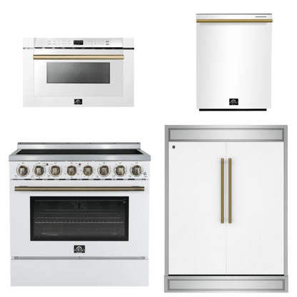 FORNO Appliance Package - 36" Electric Range, 60" Refrigerator, Dishwasher, Microwave in White with Antique Brass Accents