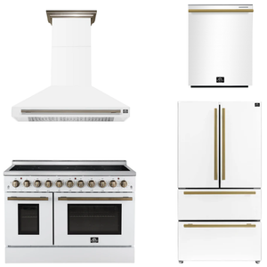 FORNO Appliance Package - 48" Electric Range, Range Hood, 36" Refrigerator, Dishwasher in White with Antique Brass Accents