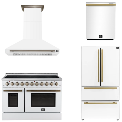 FORNO Appliance Package - 48" Electric Range, Range Hood, 36" Refrigerator, Dishwasher in White with Antique Brass Accents