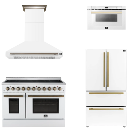 FORNO Appliance Package - 48" Electric Range, Range Hood, 36" Refrigerator, Microwave in White with Antique Brass Accents
