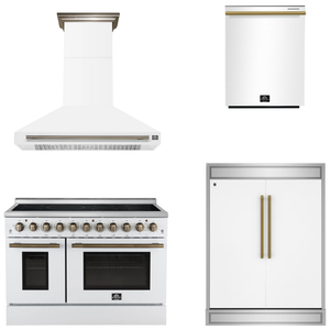 FORNO Appliance Package - 48" Electric Range, Range Hood, 60" Refrigerator, Dishwasher in White with Antique Brass Accents