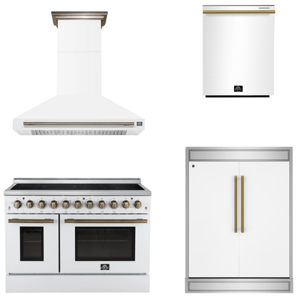 FORNO Appliance Package - 48" Electric Range, Range Hood, 60" Refrigerator, Dishwasher in White with Antique Brass Accents