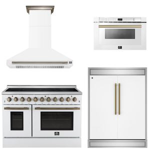 FORNO Appliance Package - 48" Electric Range, Range Hood, 60" Refrigerator, Microwave in White with Antique Brass Accents