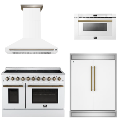 FORNO Appliance Package - 48" Electric Range, Range Hood, 60" Refrigerator, Microwave in White with Antique Brass Accents