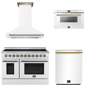 FORNO Appliance Package - 48" Electric Range, Range Hood, Dishwasher, Microwave in White with Antique Brass Accents