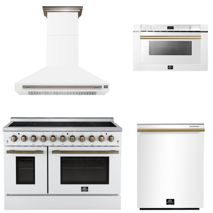 FORNO Appliance Package - 48" Electric Range, Range Hood, Dishwasher, Microwave in White with Antique Brass Accents