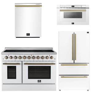 FORNO Appliance Package - 48" Electric Range, 36" Refrigerator, Dishwasher, Microwave in White with Antique Brass Accents