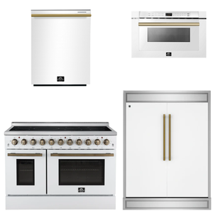FORNO Appliance Package - 48" Electric Range, 60" Refrigerator, Dishwasher, Microwave in White with Antique Brass Accents