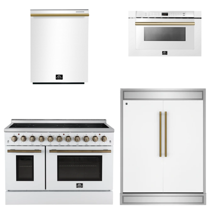 FORNO Appliance Package - 48" Electric Range, 60" Refrigerator, Dishwasher, Microwave in White with Antique Brass Accents