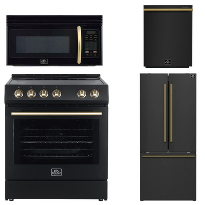 FORNO Espresso Package - 30" Electric Range, Over-The-Range Microwave, 30" Refrigerator with Ice Maker and Dishwasher in Black with Antique Brass Accents, AP4-6012BLK-A10