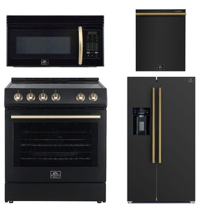 FORNO Espresso Package - 30" Electric Range, Over-The-Range Microwave, 36" Refrigerator with Water Dispenser/Ice Maker and Dishwasher in Black with Antique Brass Accents, AP4-6012BLK-A11