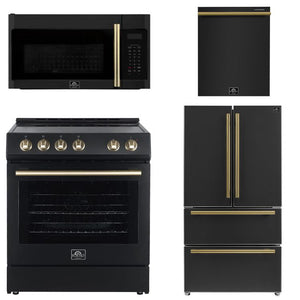 FORNO Espresso Package - 30" Electric Range, Over-The-Range Microwave, 36" Refrigerator with Ice Maker and Dishwasher in Black with Antique Brass Accents, AP4-6012BLK-A12