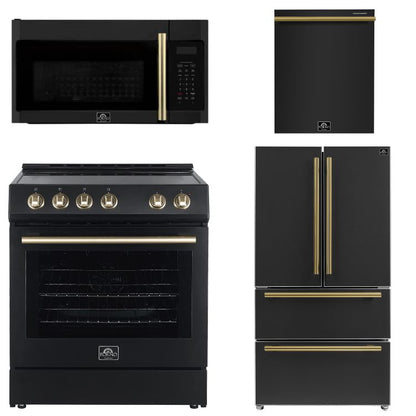 FORNO Espresso Package - 30" Electric Range, Over-The-Range Microwave, 36" Refrigerator with Ice Maker and Dishwasher in Black with Antique Brass Accents, AP4-6012BLK-A12