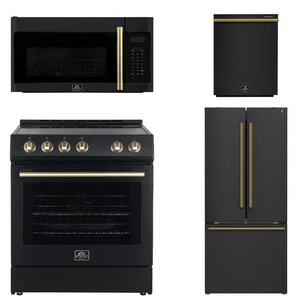 FORNO Espresso Package - 30" Electric Range, Over-The-Range Microwave, 30" Refrigerator with Ice Maker and Dishwasher in Black with Antique Brass Accents, AP4-6012BLK-A13