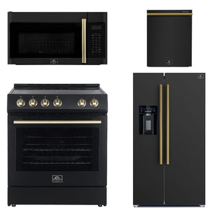 FORNO Espresso Package - 30" Electric Range, Over-The-Range Microwave, 36" Refrigerator with Water Dispenser/Ice Maker and Dishwasher in Black with Antique Brass Accents, AP4-6012BLK-A14