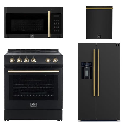 FORNO Espresso Package - 30" Electric Range, Over-The-Range Microwave, 36" Refrigerator with Water Dispenser/Ice Maker and Dishwasher in Black with Antique Brass Accents, AP4-6012BLK-A14
